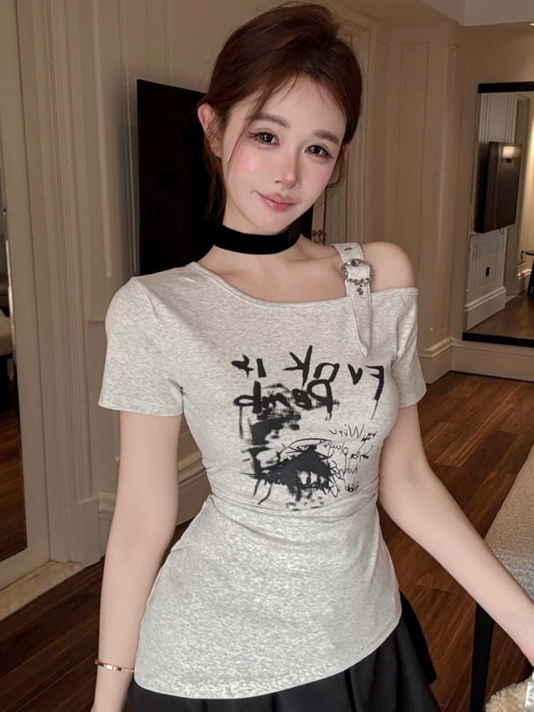 T Shirt Tight Fit - Camiseta de Moda con Hombros Descubiertos